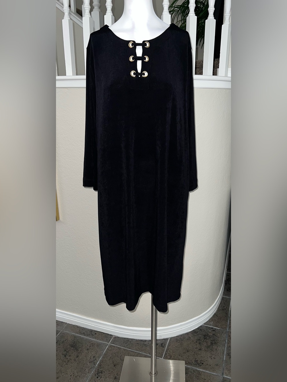 Chico’s Midi Black w/ Gold Lace-Up Grommet Shift Dress